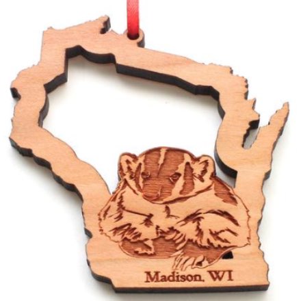 image of Wisconsin with Badger Wood Ornament